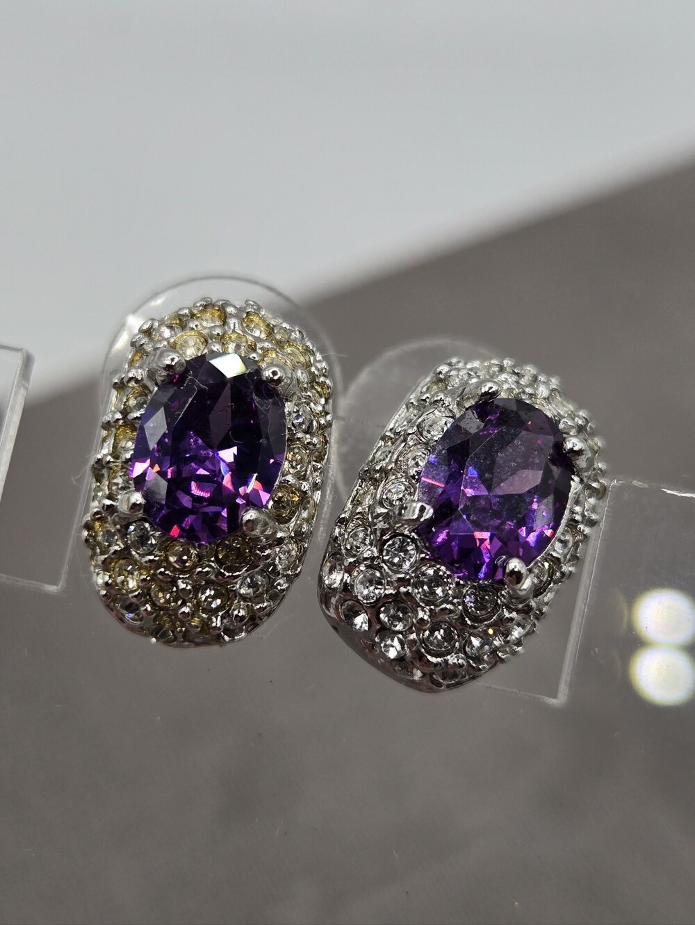 Silver-Tone Miniature CZ Stud Earrings Amethyst-Tone Dainty Crystal McBling
